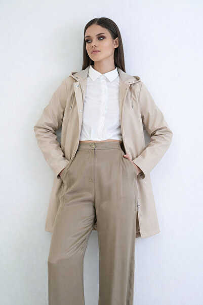 Trend Alaçatı Stili Women's Stone Hooded Zippered Double Pocket Raincoat Jack...