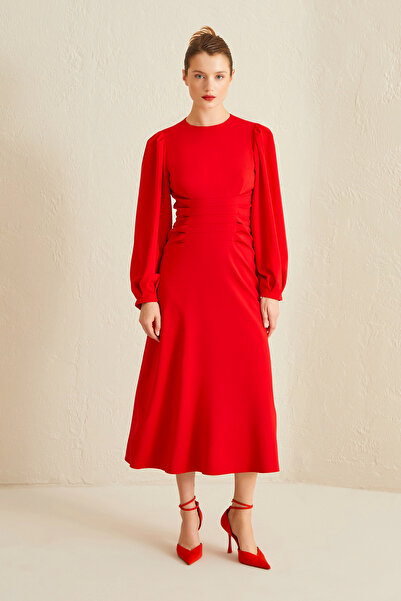 Jus De Pommes RED WAIST DRAPELED BALLOON SLEEVE MIDI SIZE DRESS