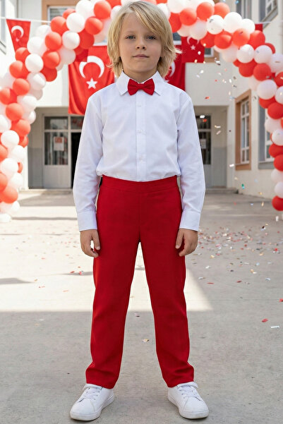 Parla Kids قميص ميلانو أبيض للأولاد مع بنطلون أحمر وربطة عنق، طقم علوي وسفلي ...