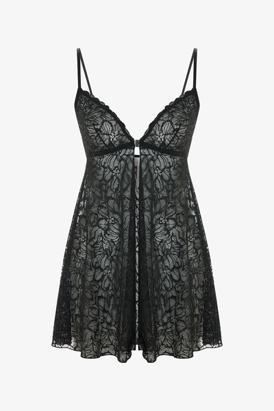 Penti Siyah Front Opening Lace Babydoll