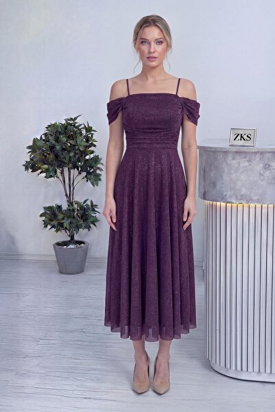 the ZKS Kadın Midi Boy Kloş Askılı Düşük Omuz Abiye Elbise Beyaz, Lacivert, L...