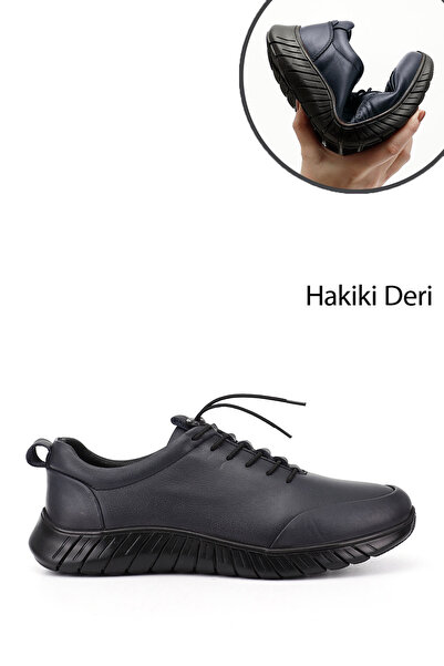 GÖNDERİ(R) Men's Navy Blue Antique Lace-Up Rubber Sole Genuine Leather Sneaker