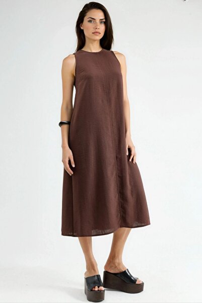 Hiccup Keten Görünümlü Kolsuz Bisiklet Yaka Midi Elbise