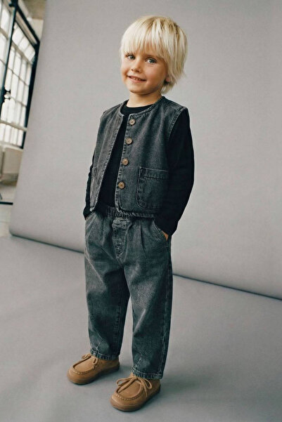 Zuma Kids Unisex Çocuk Denim Antrasit Yelekli Balon Pantolon Alt Üst 2'li Takım