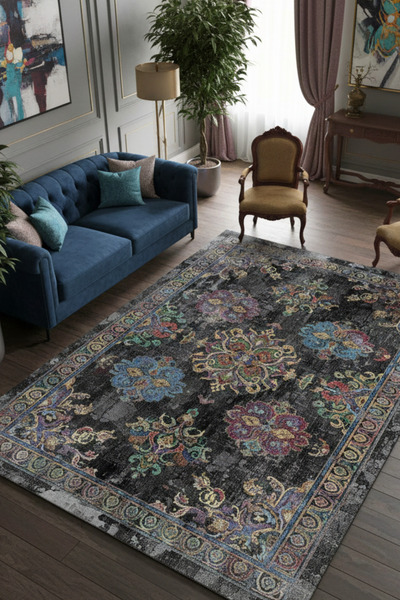 The Reef Design Vintage Eskitme Desenli Halı Antrasit Zemin Dijital Baskılı K...