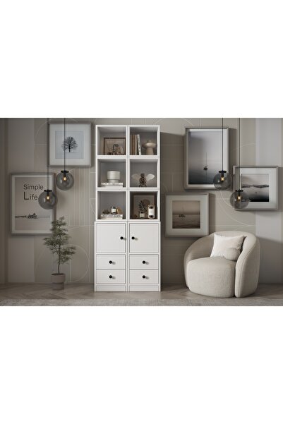 Nettrends 2 Kapakli Çekmeceli Rafli Kitaplik 65 cm Beyaz Ktp-1277-ç