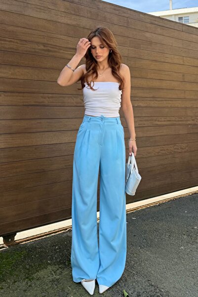 BEJNA Kadın Mavi Pens Detaylı Pileli Palazzo Pantolon