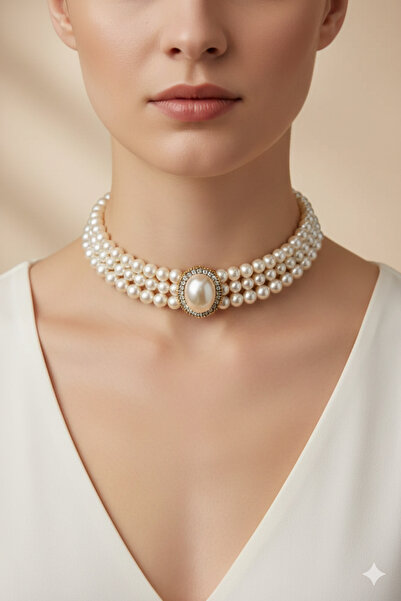 PETEK AKSESUAR Incili Choker Tasma Kolye Gold