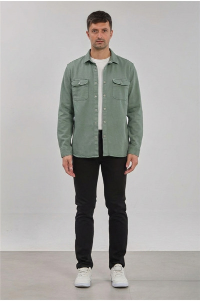 OIL PARK قميص جينز رجالي أنيق بلون أخضر غابة مع جيوب أمامية قابلة للغلق وملمس...