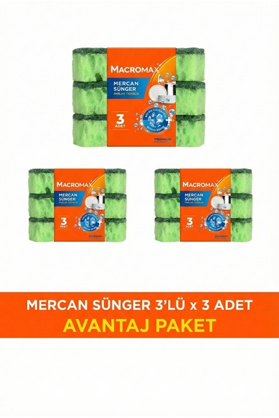 MACRO MAX Mercan Bulaşık Süngeri Bol Köpüklü 9 Adet Paket Avantaj Paket