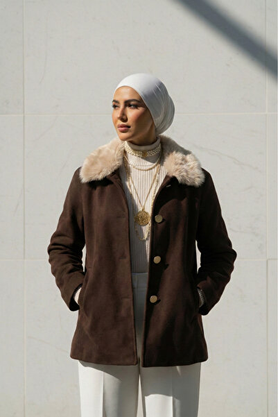 Zeneva Collection معطف كاشي مبطن بياقة من الفرو البني 2121