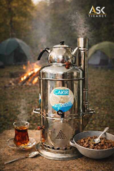 çakır çelik Odunlu Lüks Piknik Semaveri 140 Bardak Üstten Demlikli tek musluk...