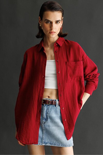 Mixray Claret Red 3833 Γυναικείο πουκάμισο μουσελίνας Oversize με τσέπες