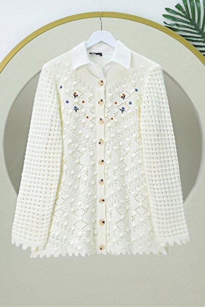 Modamorfo Round Neck Buttoned Knitwear Cardigan - Ecru