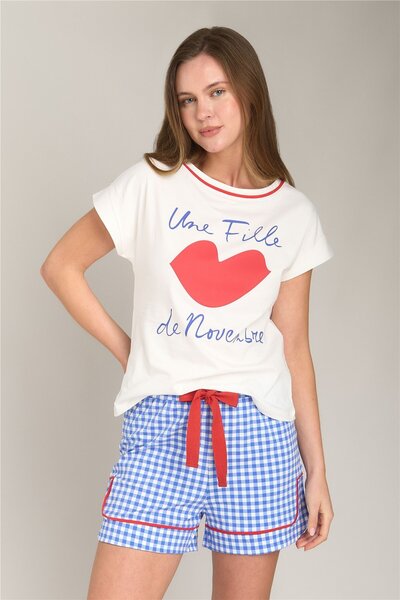 LOVELY THINGS GLORIA Örme Kısa Kol Tişört Şort Set Pijama Takımı - Mavi