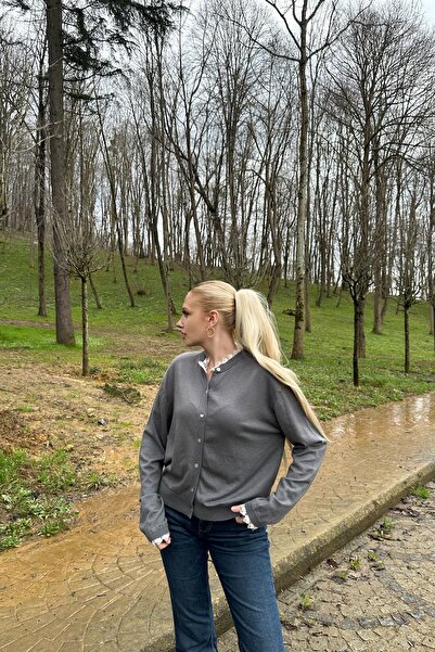 lizge giyim Collar Lace Detail Tricot Cardigan