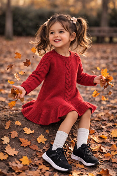 Kidsev Kız Çocuk Kırmızı Uzun Kollu Triko