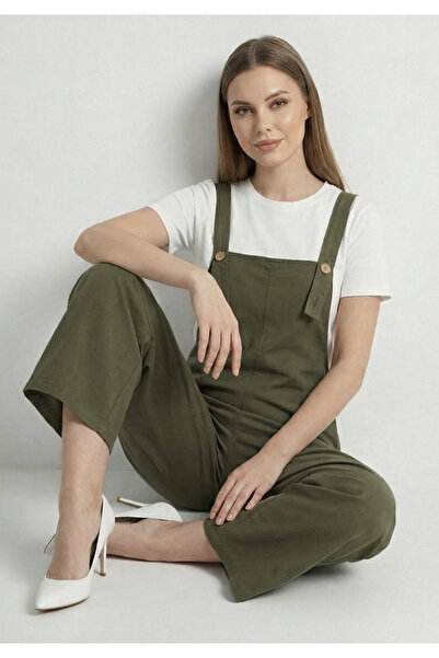 Little Visqon Kadın Geniş Paça Keten Görünümlü Bahçıvan Askılı Rahat Kesim Sa...