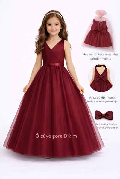 SUNEH Kız çocuk Bordo Anvelop Mezuniyet Doğum Günü Elbise