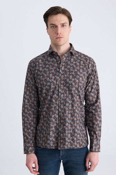 D'S Damat Ds Damat Slim Fit Brown Printed 100% Cotton Shirt