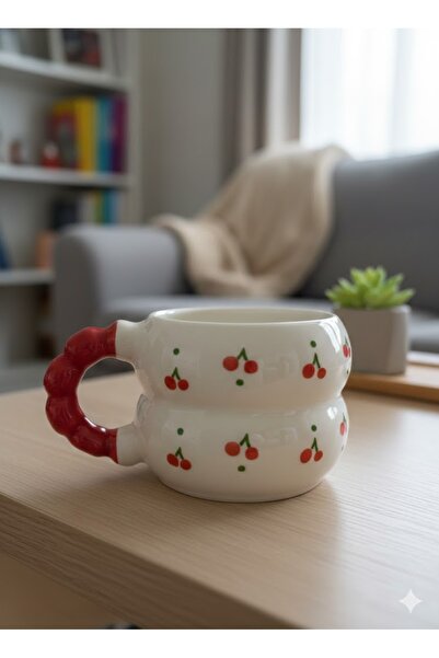 PALTO TASARIM Cherry Design Handmade Cream Glossy Harmony Mug - Handcrafted G...