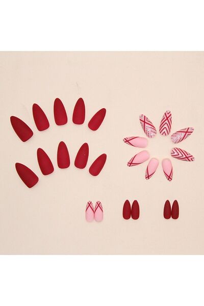 TipsArt Simli Kırmızı Mat Badem 24’lü Takma Tırnak Seti ve Zararsız Yapıştırıcı