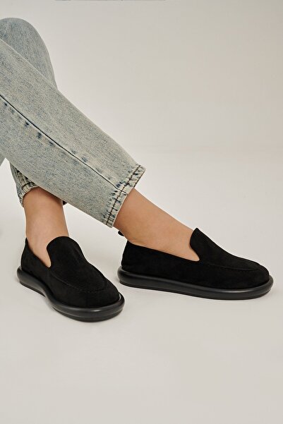 Modezya Πέρλα Μπλακ Σουέτ Επίπεδη σόλα Γυναίκα μοκασίνια