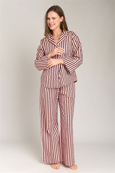LOVELY THINGS SUZIE Poplin Çizgili 46115 Kol Gömlek Pijama Üstü - Acı Kahve