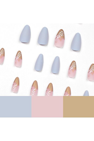 TipsArt Mavi Pembe Simli Desenli 24’lü Takma Tırnak Seti & Zararsız Yapıştırıcı