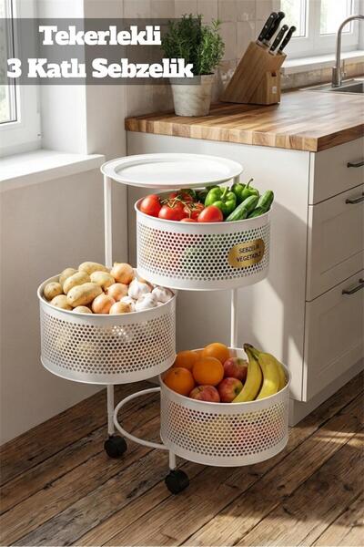 Bayev Metal 3 Katlı Beyaz Yana Açılır Tekerlekli Patates Soğan Sepeti Sebze M...