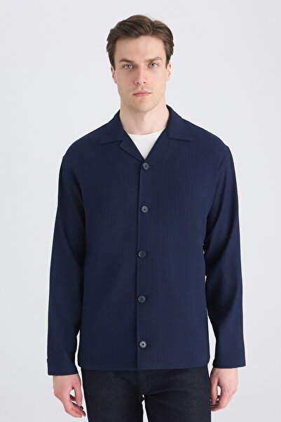 Twn Relaxed Navy Blue Knitted Shirt Jacket