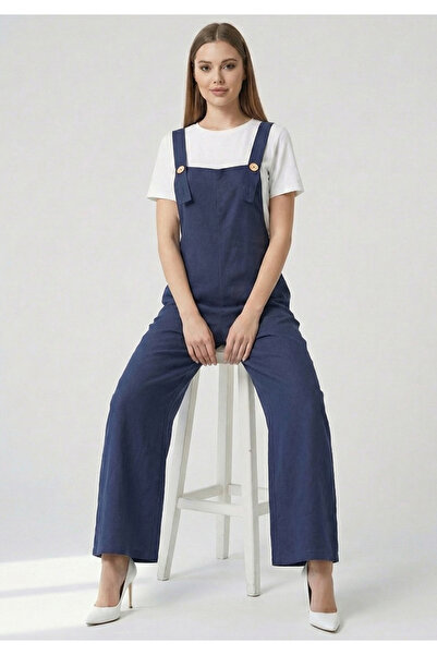 Little Visqon Kadın Geniş Paça Keten Görünümlü Bahçıvan Askılı Rahat Kesim Sa...