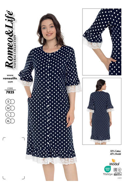 ROMEO LİFE Γυναικείο βαμβακερό ύφασμα Modal Navy Blue πουά καλοκαιρινό φόρεμα...