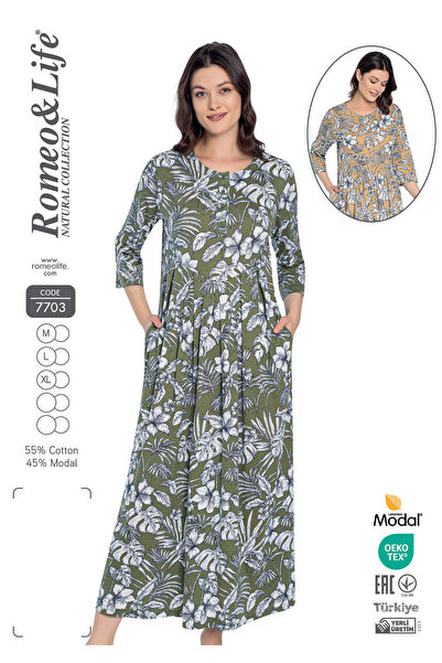 Romeo فستان نسائي طويل من القطن المودال بجيوب ونقشة / إكرو-أخضر - 7703