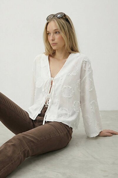 VAGGON White V-Neck Front Tie-Detail Tassel Detailed Summer Jacket Linen