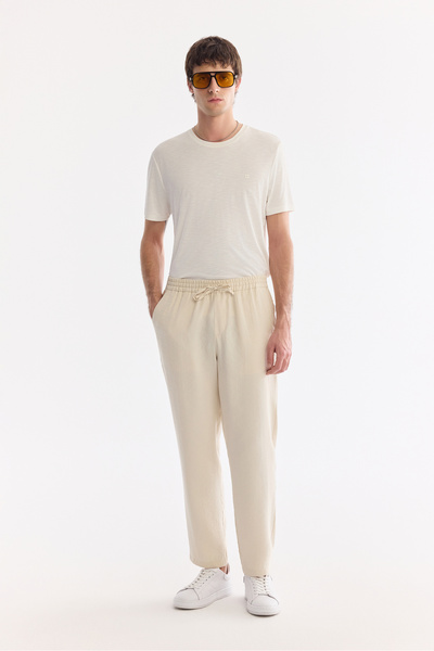 Avva Men's Ecru Elastic Waist Modal Blend Comfortable Cut Truva Relaxed Fit T...