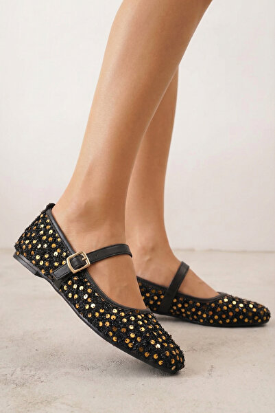 Nstil Daily Women's Black Gold Ballerina Shoes with Straps, Rubber Buckle, Se...