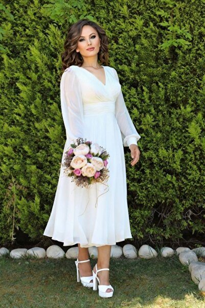 FaBe Fashion Uzun Kollu Sırtı Kapalı Kruvaze Yaka Midi Şifon Nikahlık Elbise