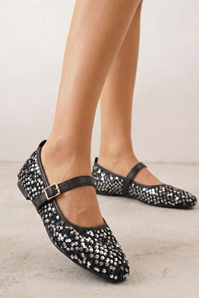 Nstil Daily Women's Black Silver Ballerina Shoes with Straps, Rubber Buckle, ...