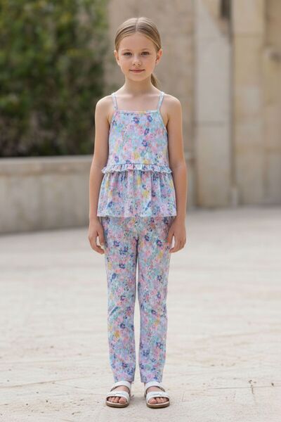 Kübra Tekstil Devojčin letnji ležerni set Cvetni dezen kroj Mekane teksture s...