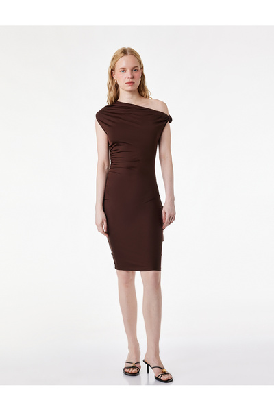 Koton Sleeveless Slim Fit Boat Asymmetric Neck Off-The-Shoulder Mini Dress