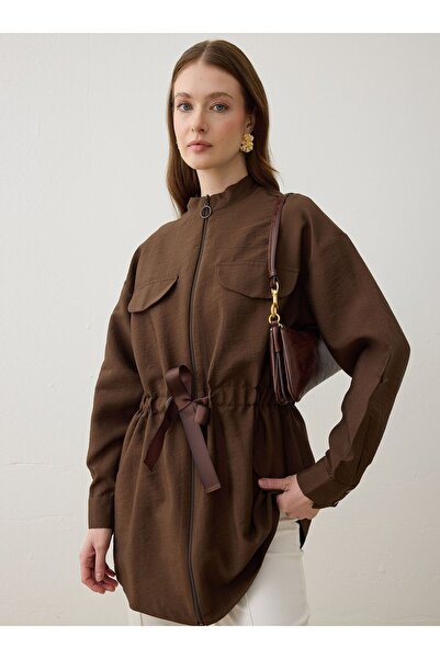 Refka Belden Büzgülü Fermuarlı Tunik - Kahverengi -