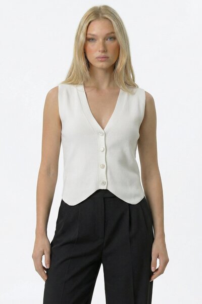 VAGGON Λευκό καλοκαιρινό πλεκτό με λαιμόκοψη V και κουμπιά Γιλέκο