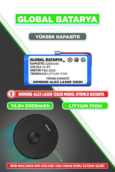 GLOBAL BATARYA Homend Alex Laser 1282h Akıllı Robot Süpürge Bataryası 14.8v 3...