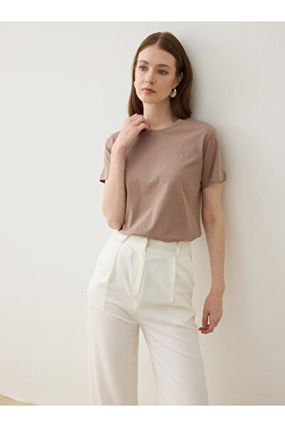 Refka Bisiklet Yaka Kısakollu Tişört- Vizon - Refka