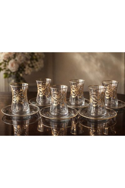 FERMATO 12 Pieces for 6 People 24K Handcrafted - Real Silver Embossed Tea Set...