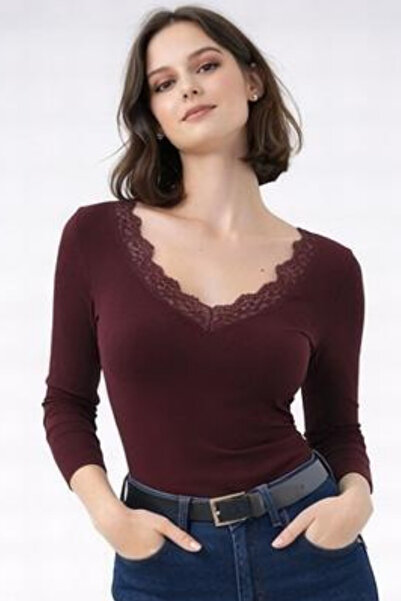 LOVES AGAZA Dantel Şeritli V Yaka Viskon Bluz