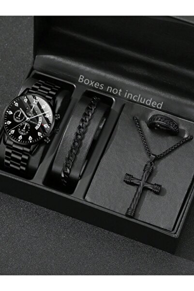 Geneva Set cadou barbati, ceas negru, bratara colier si inel