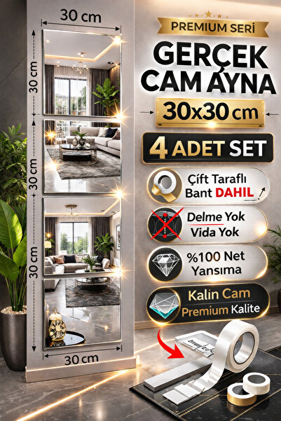 Digital Hayat 4'lü Dekoratif Kare Ayna Seti | 25x25 & 30x30 CM | Modern Duvar...