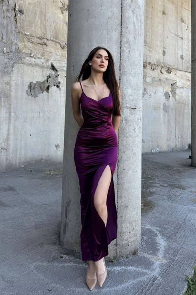 Mekafashion İp Askı Yırtmaçlı Saten Abiye 582177